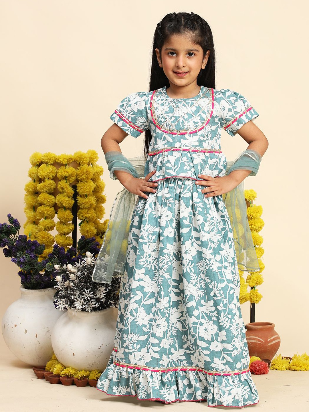 

Cutiekins Girls Printed Ready to Wear Cotton Lehenga & Blouse With Dupatta, Blue