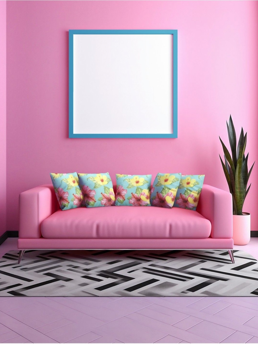 

THEYAYACAFE Blue & Pink 5 Pieces Floral Printed Velvet Square Cushion Covers