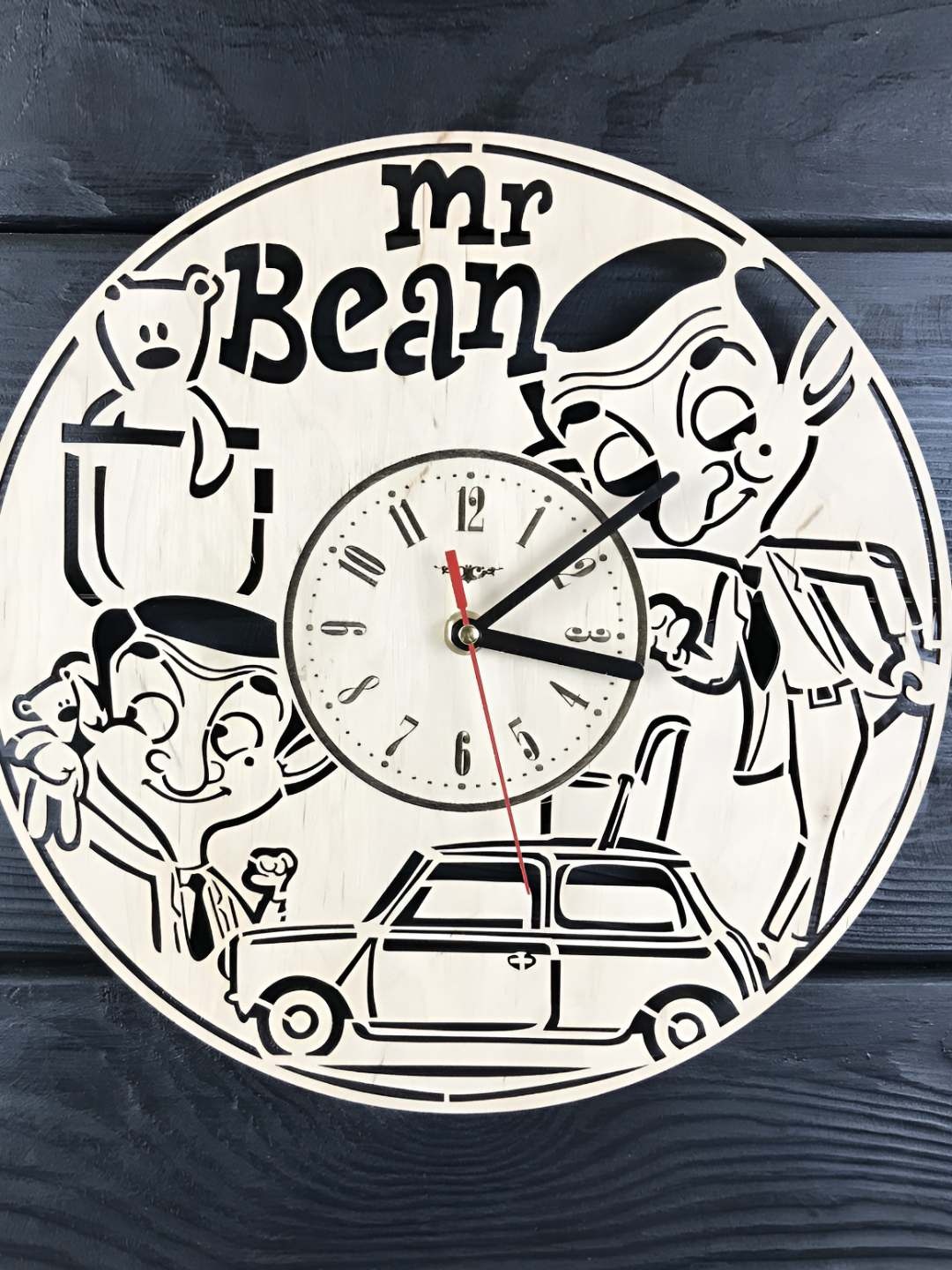 

QEZNEF Beige & Black Mr Bean Printed Analogue Contemporary Round Shaped Wooden Wall Clock