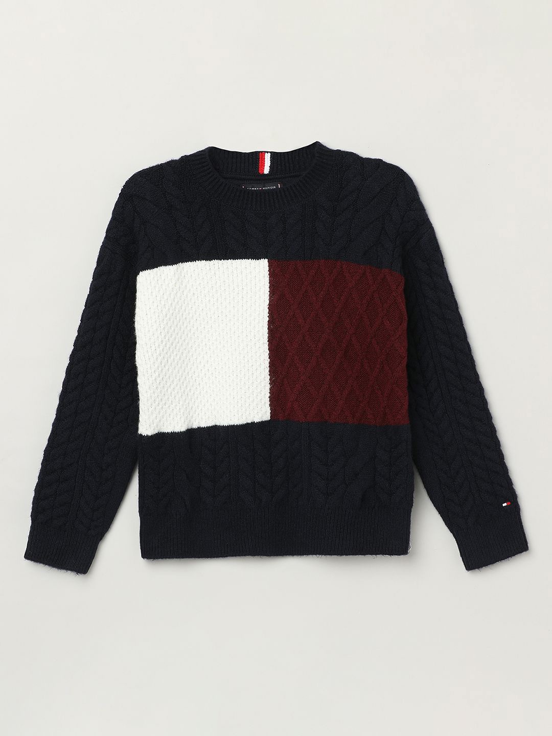 

Tommy Hilfiger Boys Cotton Cable Knit Colourblocked Pullover Sweaters, Navy blue