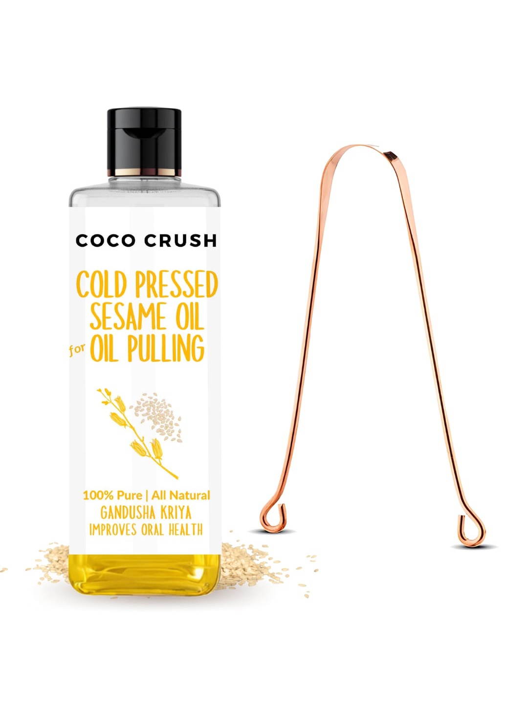 

Coco Crush Cold Pressed Sesame Oil For Pulling With Copper Tongue Cleaner -200ml, Transparent