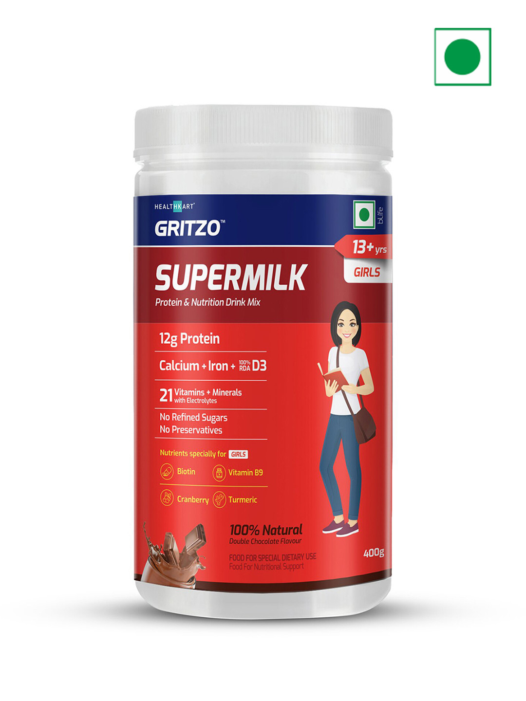

Gritzo Kids SuperMilk Daily Nutrition Proteins- 400g- Double Chocolate, Brown