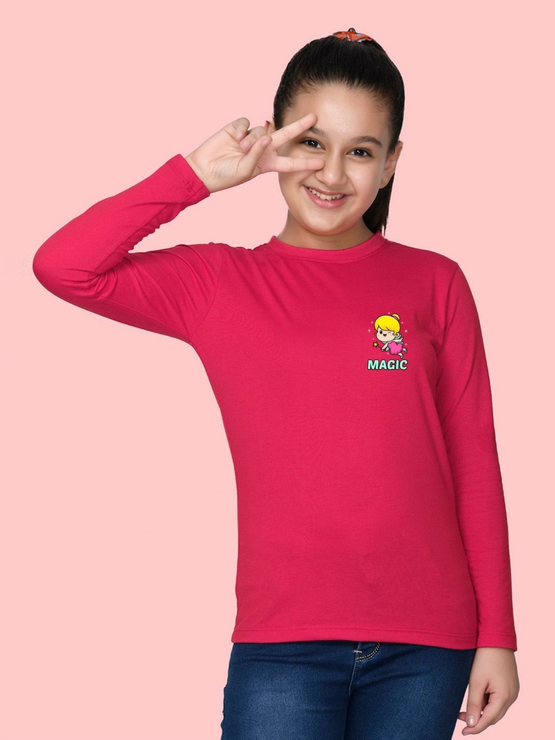 

NUSYL Girls Graphic Printed Round Neck Cotton T-shirt, Pink