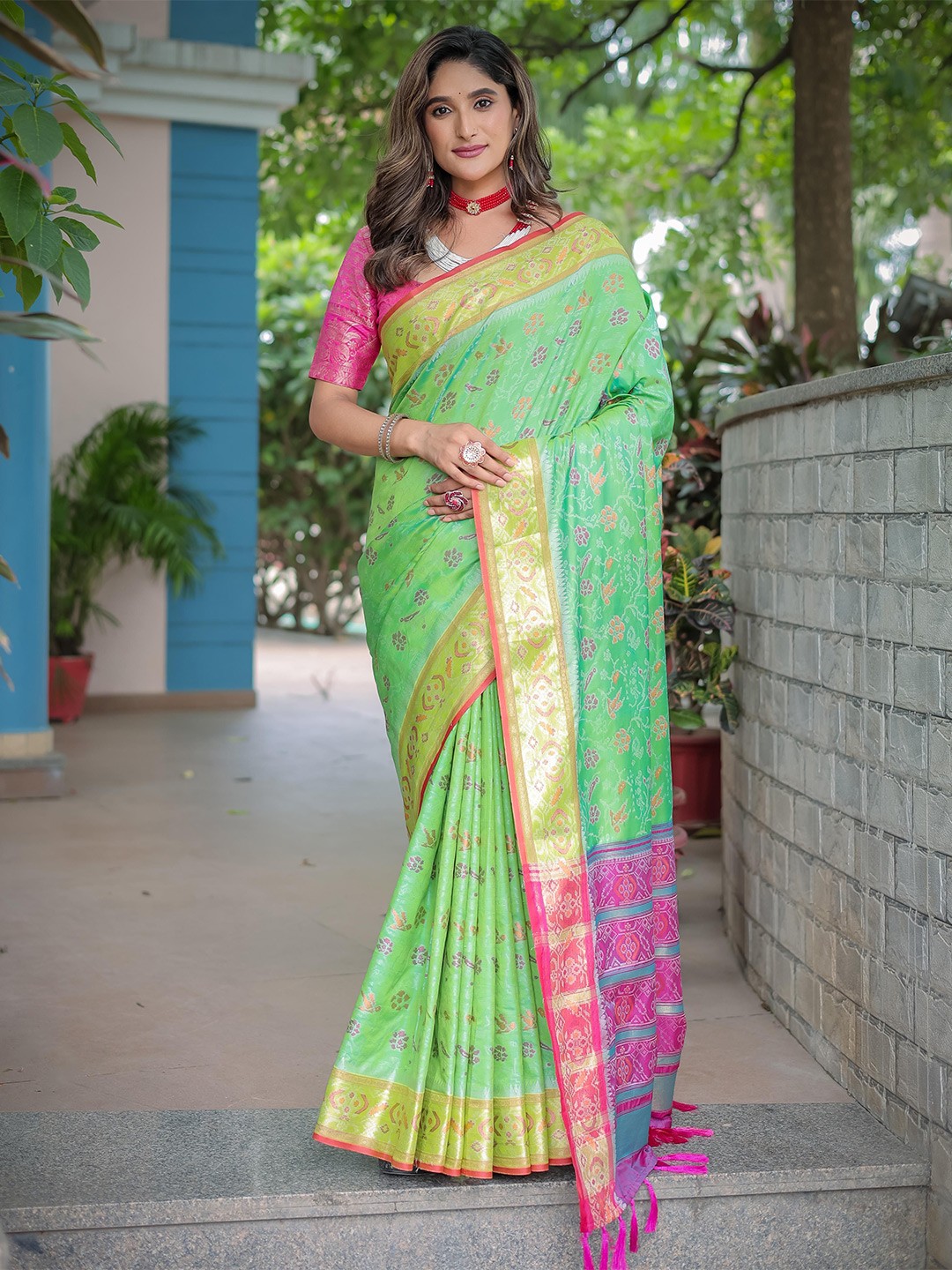 

Mitera Ethnic Motifs Zari Woven Design Patola Sarees, Lime green