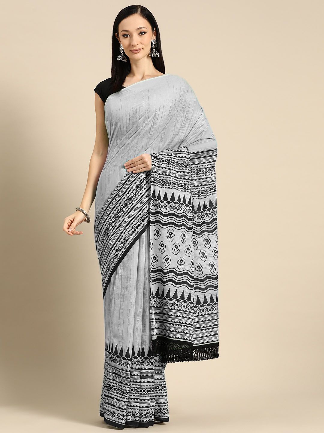 

BUTA BUTI Printed Floral Pure Cotton Saree, Grey