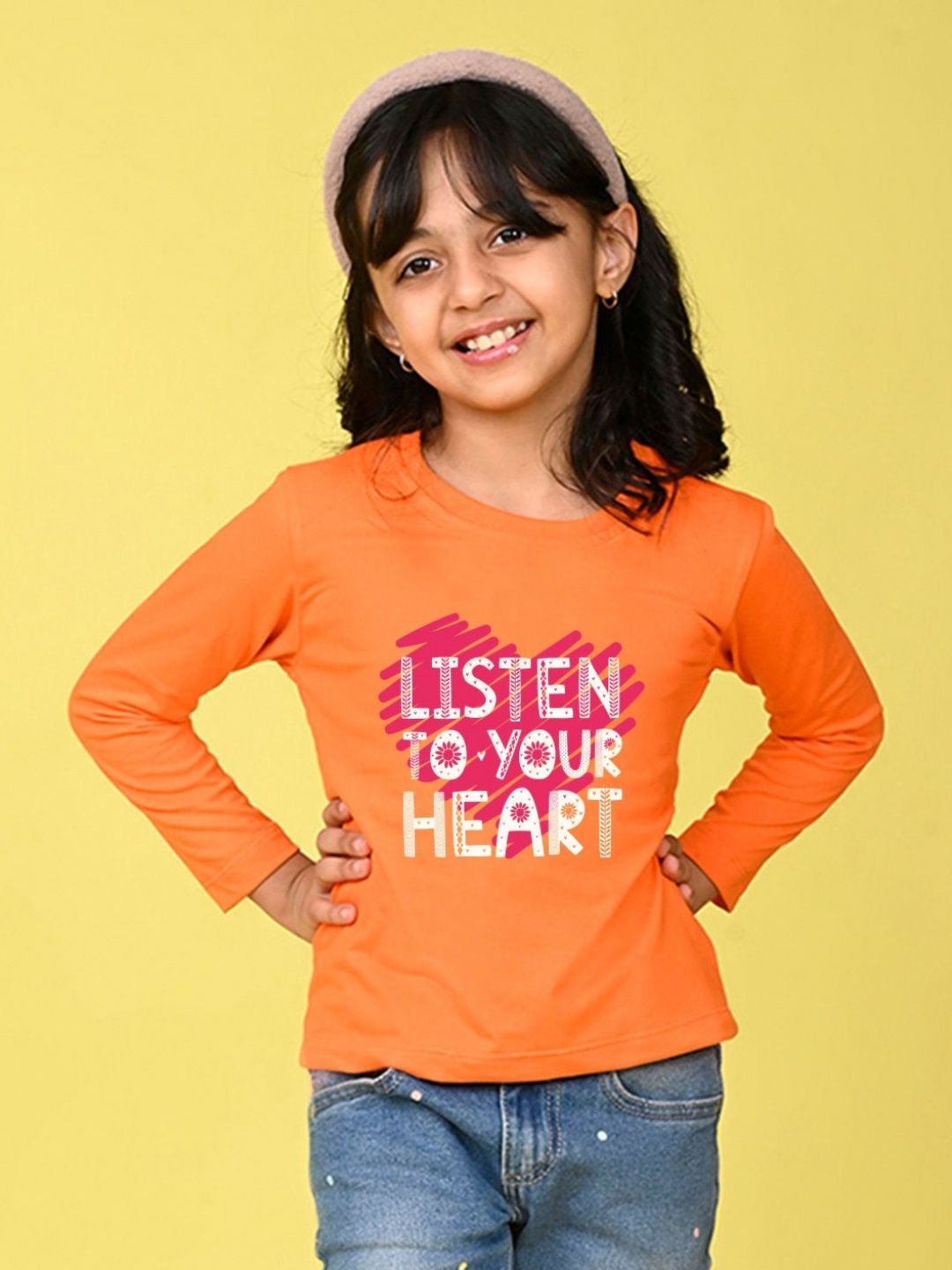 

NUSYL Girls Typography Printed Round Neck Cotton T-shirt, Orange