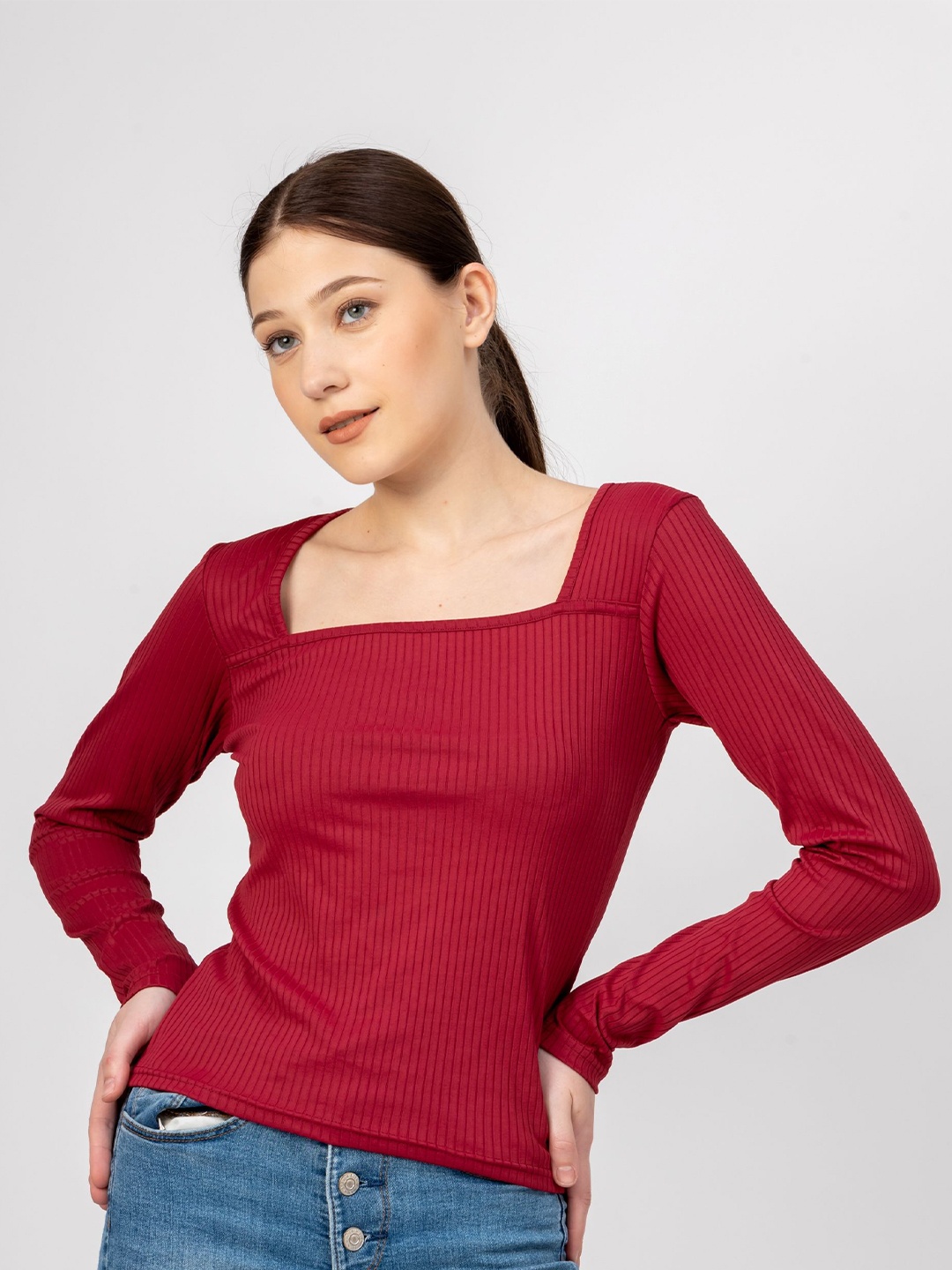 

Redamancii Women Vertical Striped Square Neck Polycotton Top, Maroon