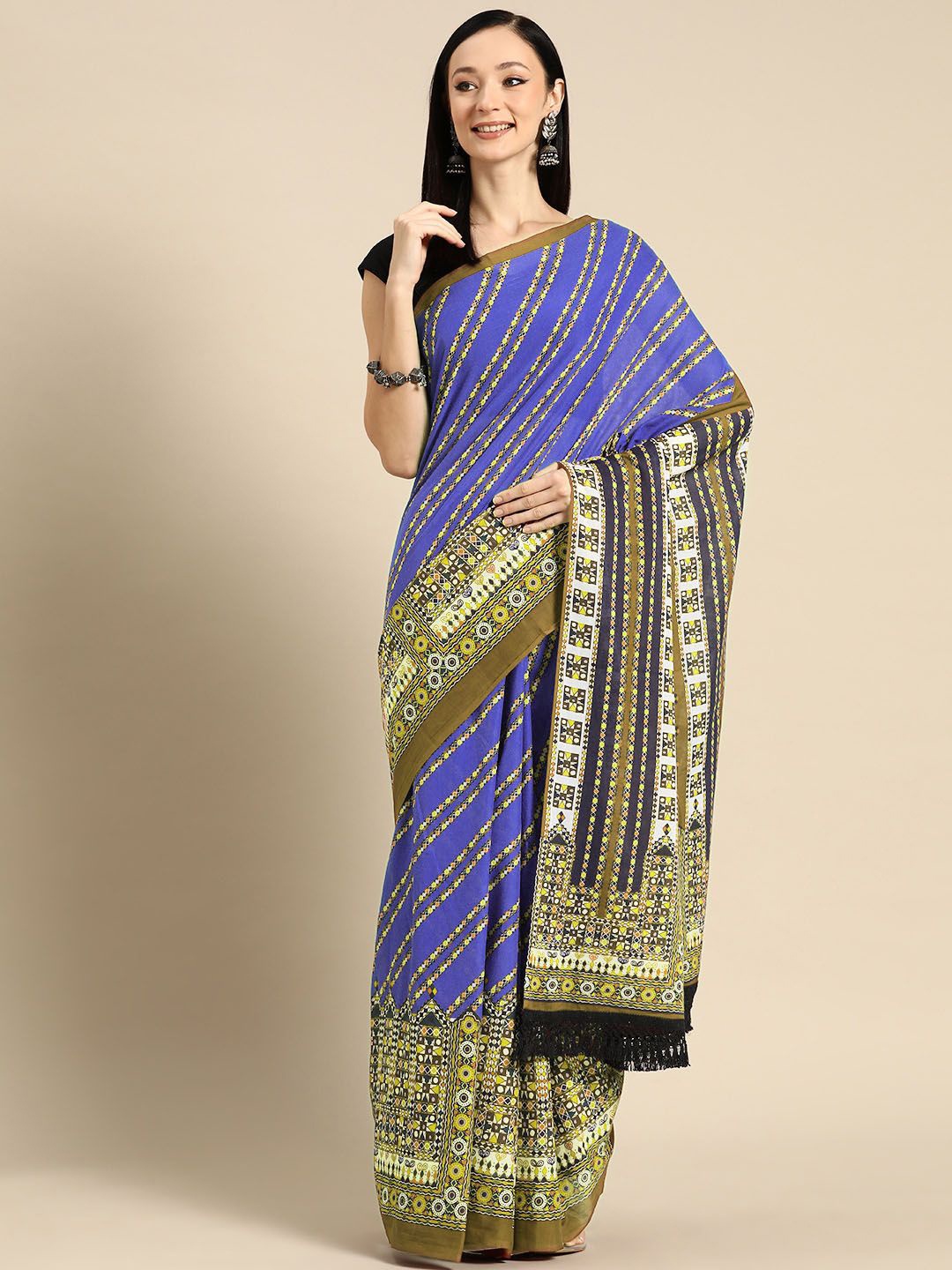 

BUTA BUTI Striped Printed Pure Cotton Saree, Purple