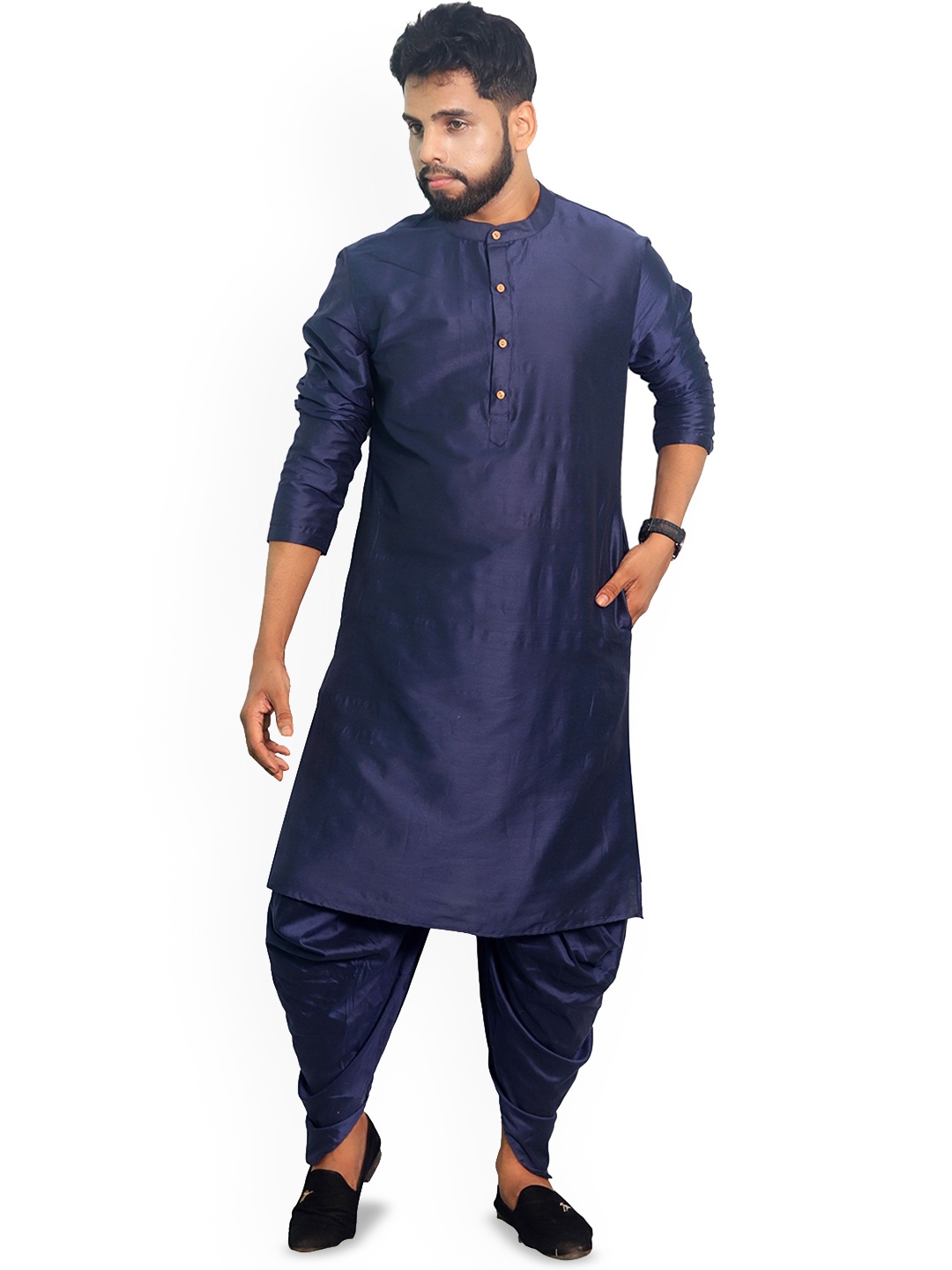 

House of Aqss Mandarin Collar Silk Straight Kurta, Navy blue