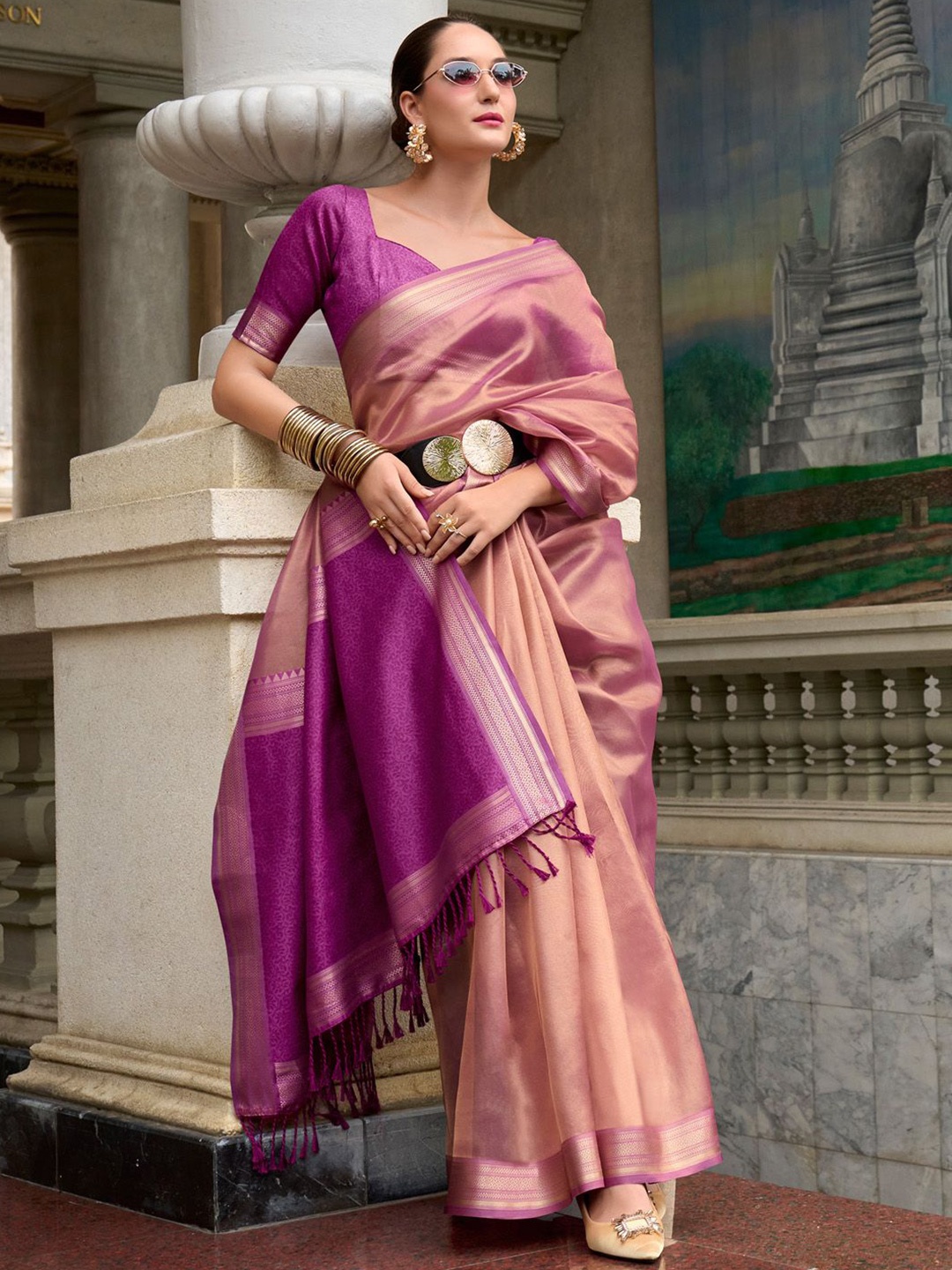 

Anouk Solid Ethnic Zari Woven Design Saree, Rose gold