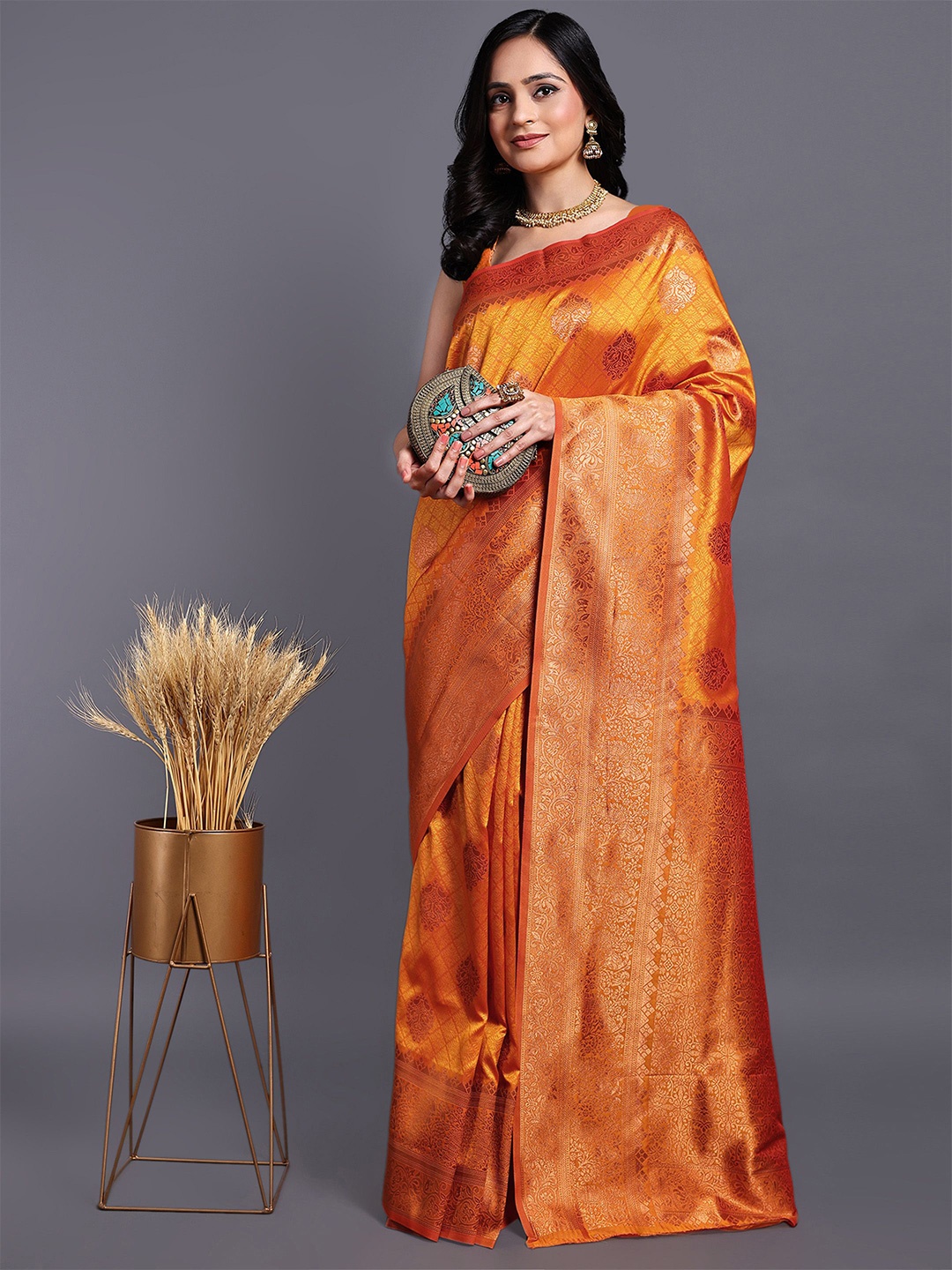 

SWAMI STUDIO Floral Zari Pure Cotton Kanjeevaram Saree, Orange