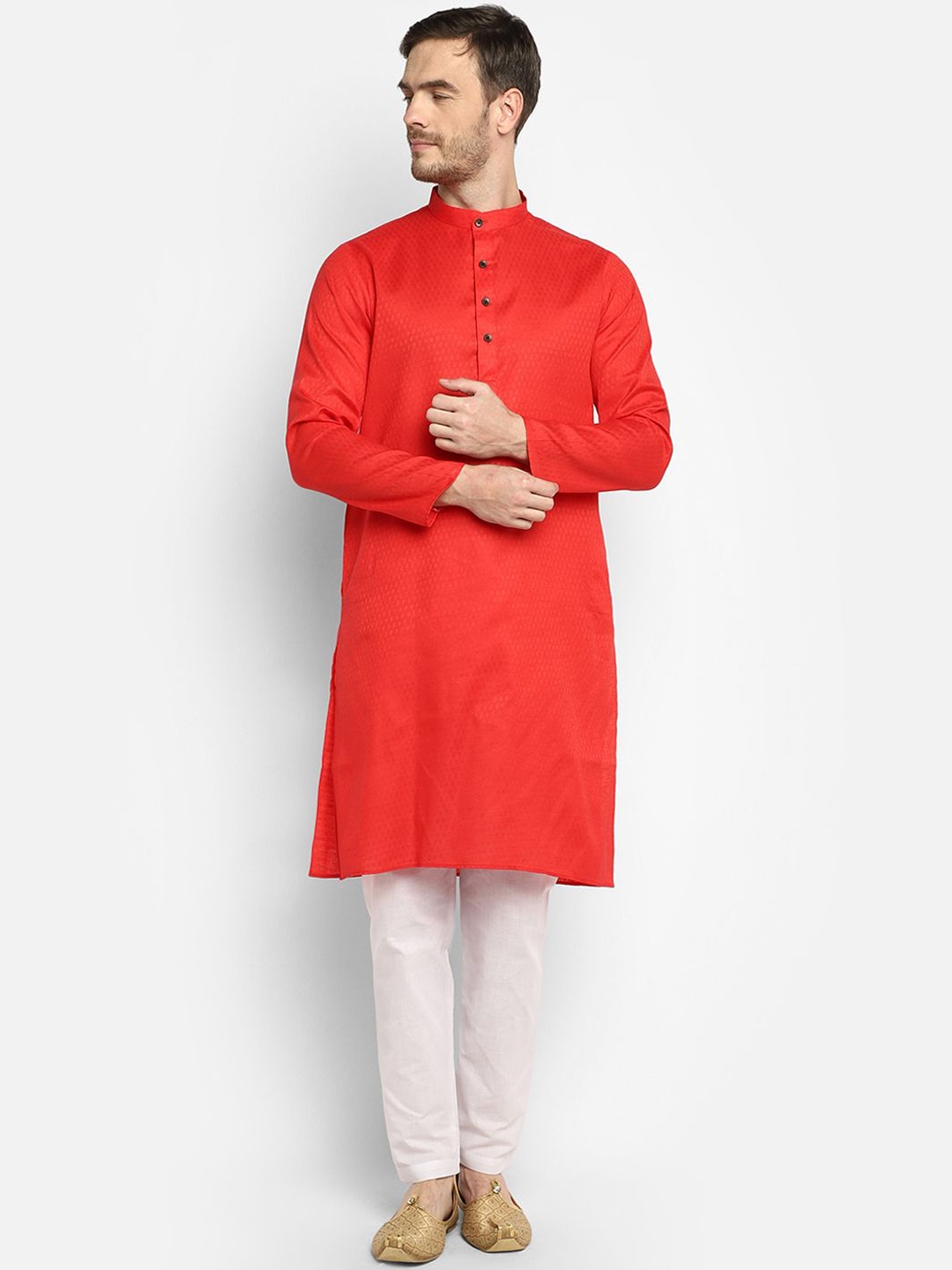 

DEVOILER Woven Design Band Collar Cotton Straight Kurta, Red