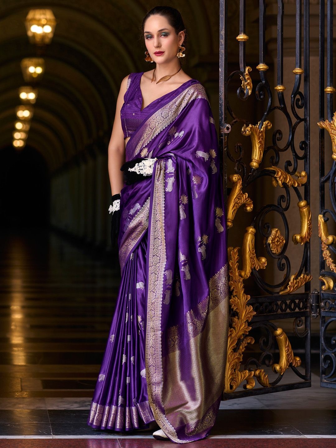 

Anouk Ethnic Motifs Zari Traditional Banarasi Saree, Purple