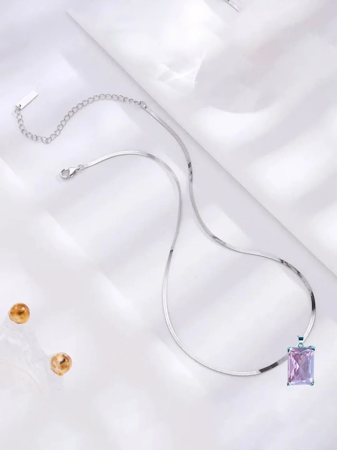 

V FASHION JEWELLERY Sliver-Plated Stone-Studded Pendant With Chain, Silver