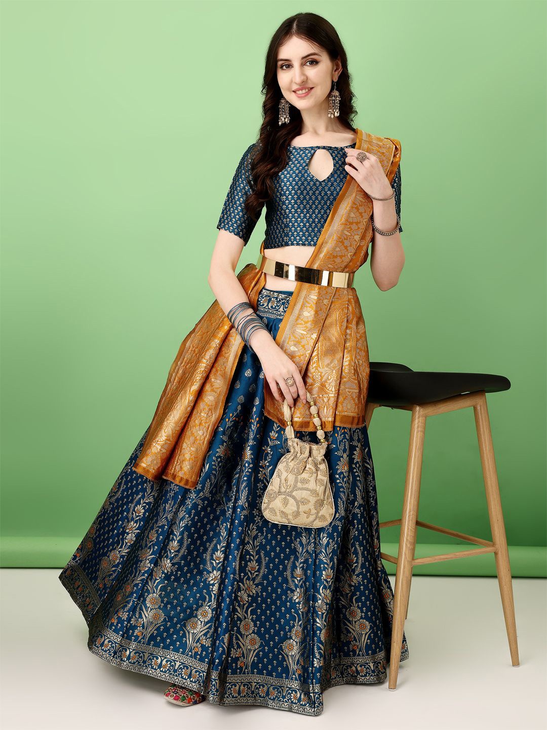 

SWAMI STUDIO Woven Design Semi-Stitched Lehenga & Blouse With Dupatta, Blue