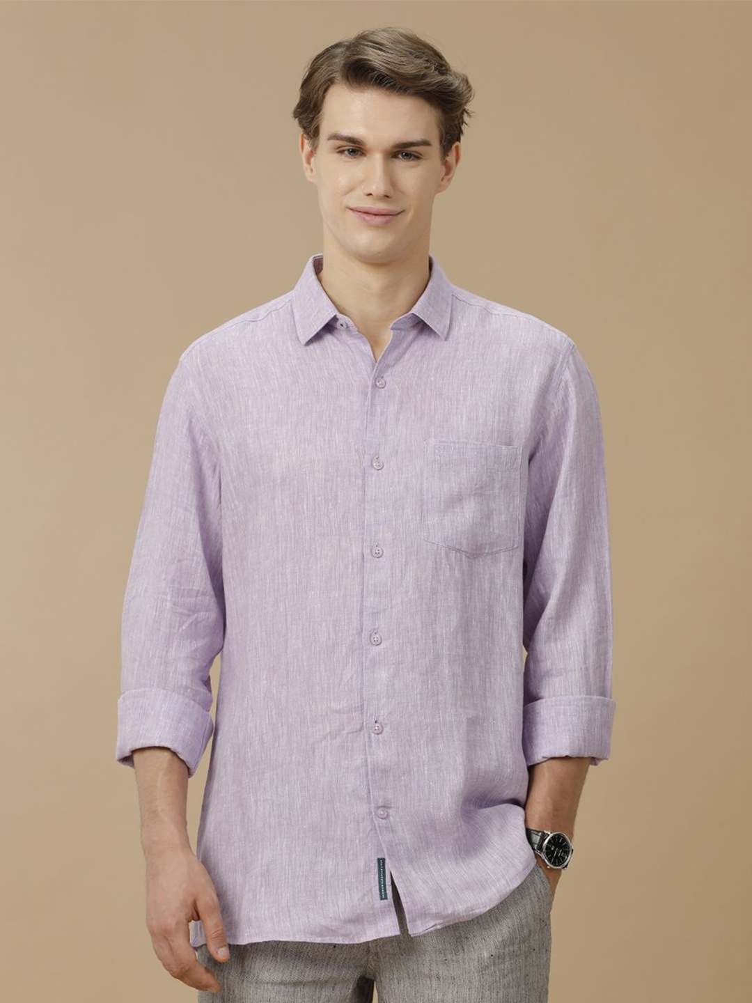 

Linen Club Men Contemporary Spread Collar Solid Slim Fit Casual Shirt, Purple