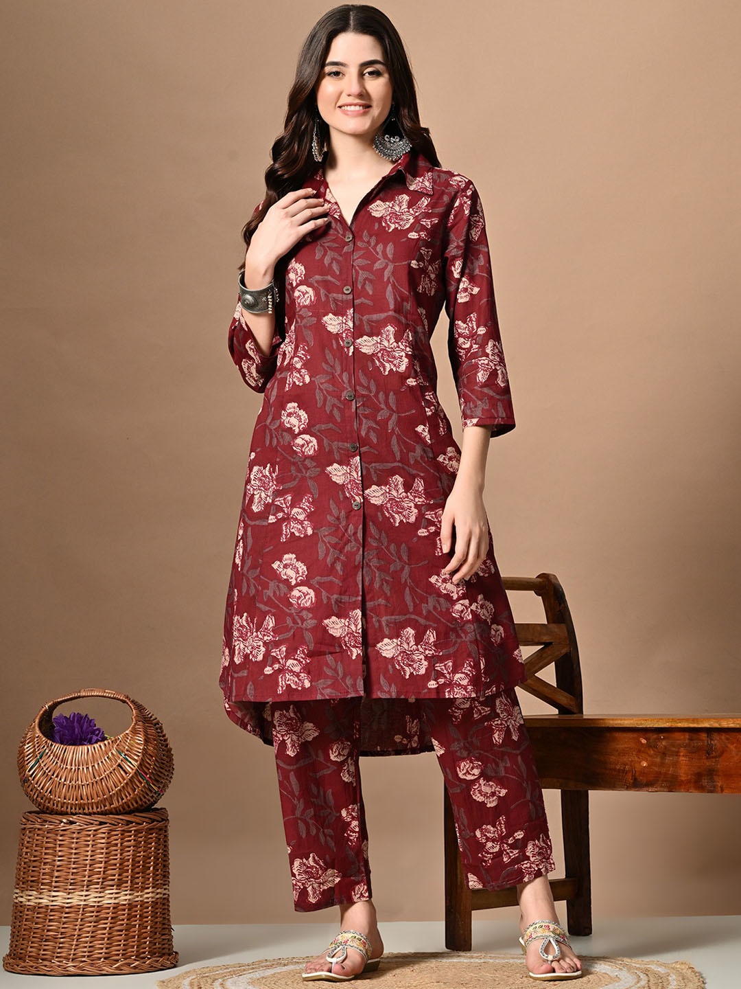 

DORIYA Floral Printed Shirt Collar Tunic With Trouser, Maroon