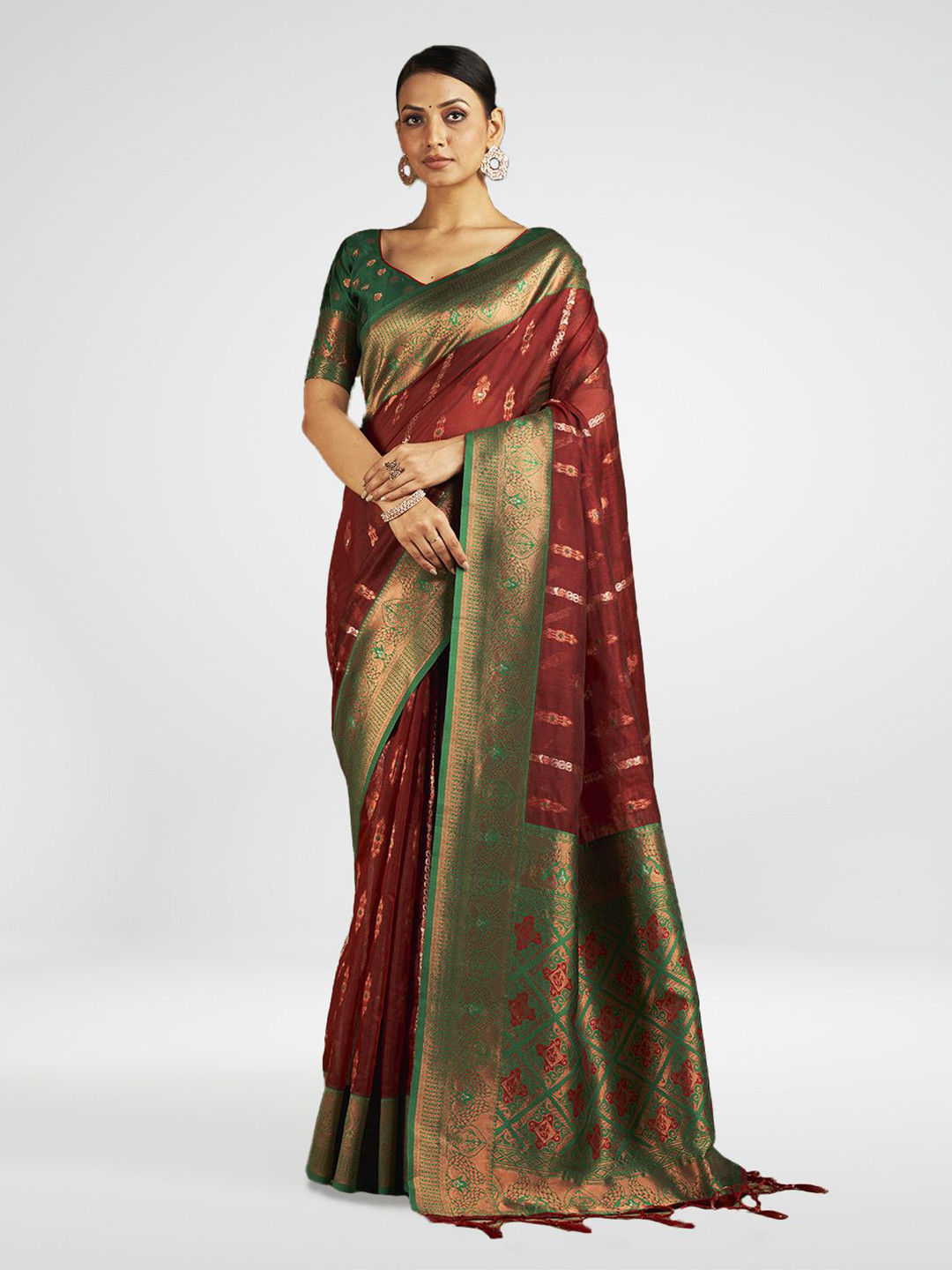 

SARHA Woven Design Zari Pure Cotton Red Colour, Abstract Pattern, Unstitched Blouse Saree