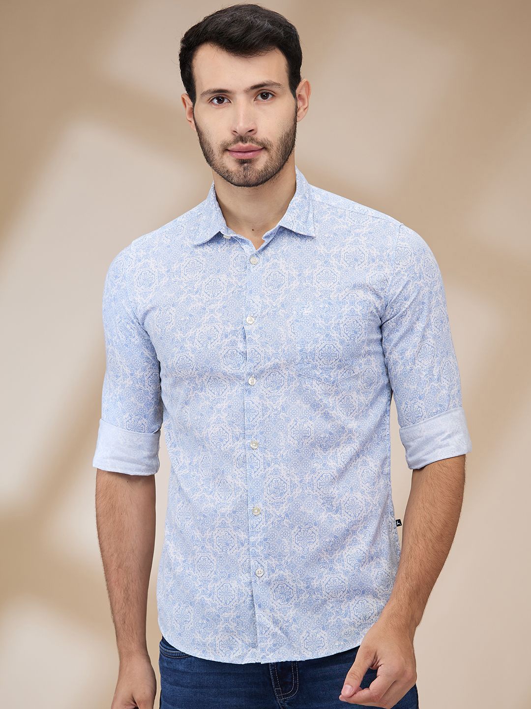 

Parx Men Spread Collar Floral Printed Cotton Slim Fit Casual Shirt, Blue