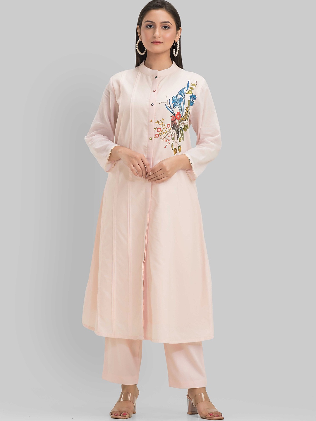 

SACRED SUTA Floral Printed Mandarin Collar A-Line Kurta with Trousers, Pink