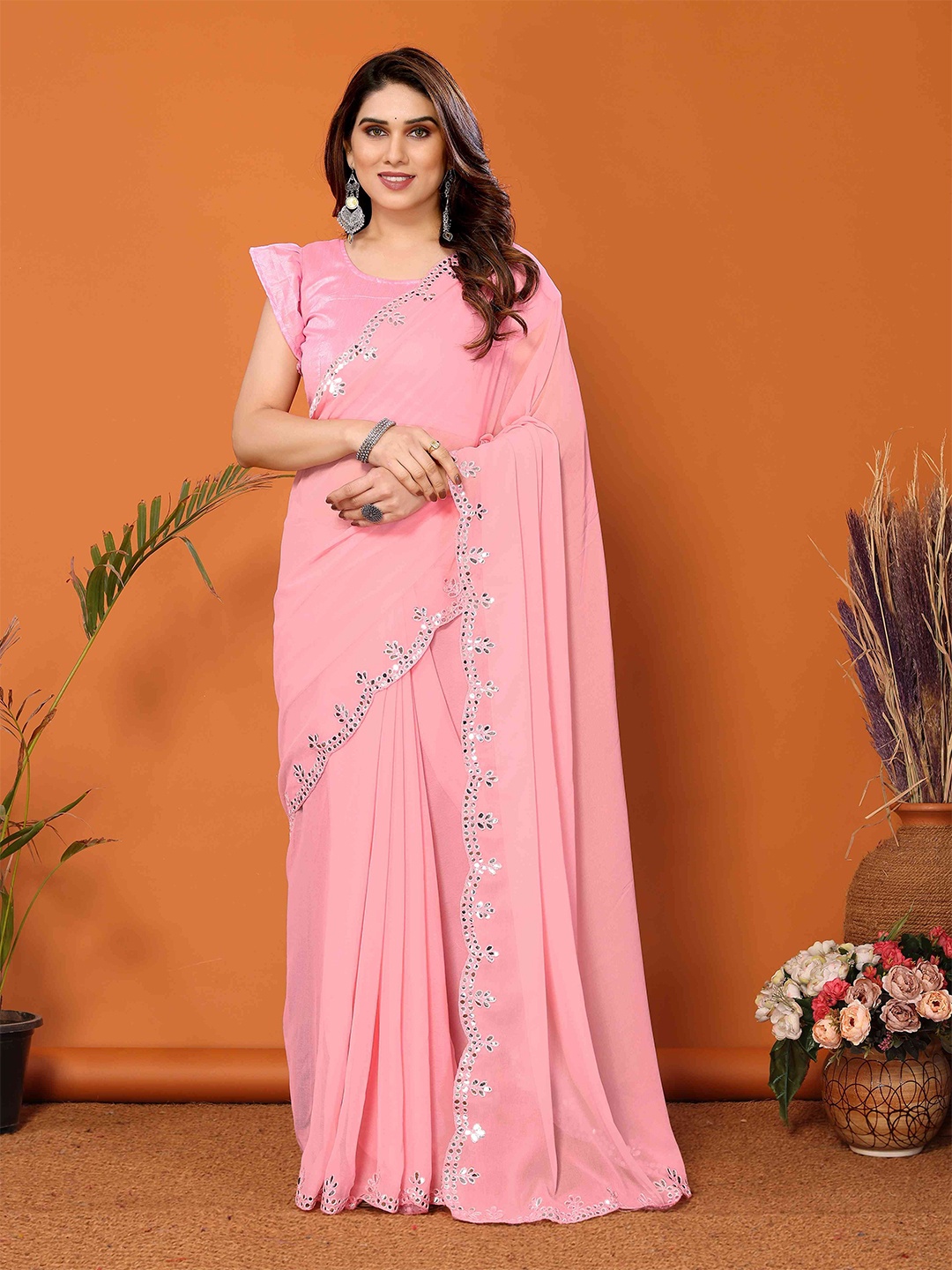 

Jhilmil Fashion Solid Embellished Mirror Work Saree, Pink