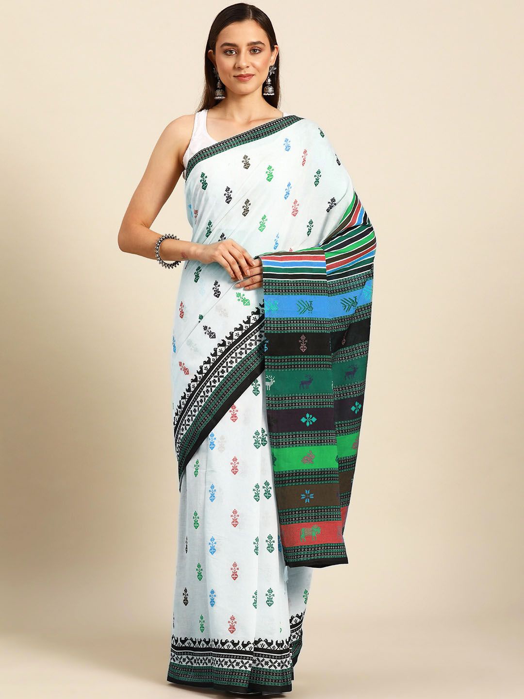 

BUTA BUTI Ethnic Motif Printed Pure Cotton Saree, White