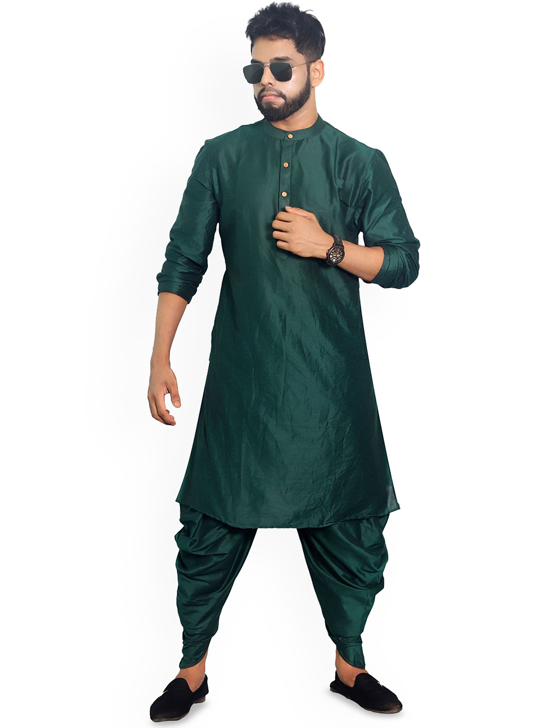

House of Aqss Band Collar Straight Kurta, Green