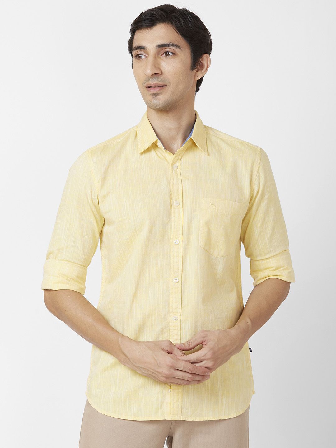 

Parx Men Spread Collar Solid Cotton Slim Fit Casual Shirt, Yellow