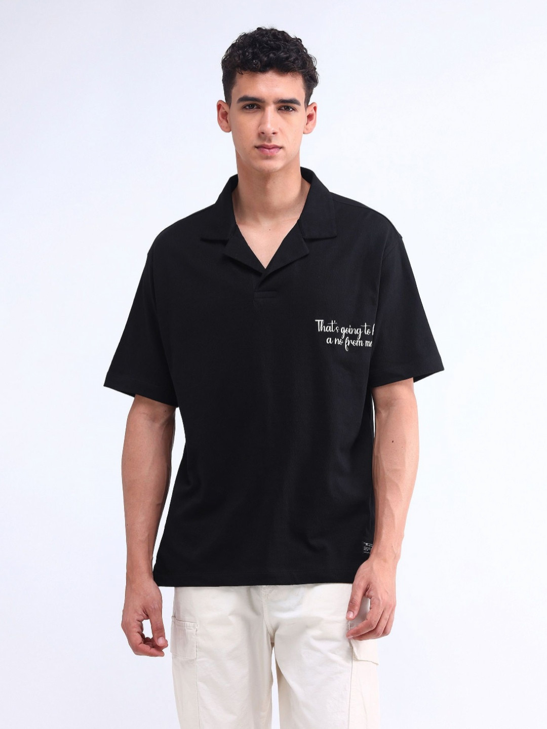 

Flying Machine Men Typography Printed Polo Collar Cotton Relaxed Fit T-shirt, Black