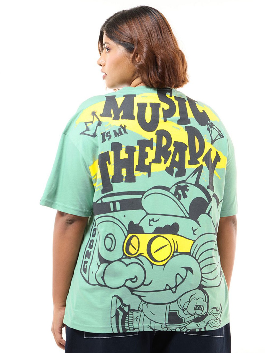 

Bewakoof Women's Granite Green Therapy King Graphic Printed Oversized Plus Size T-shirt