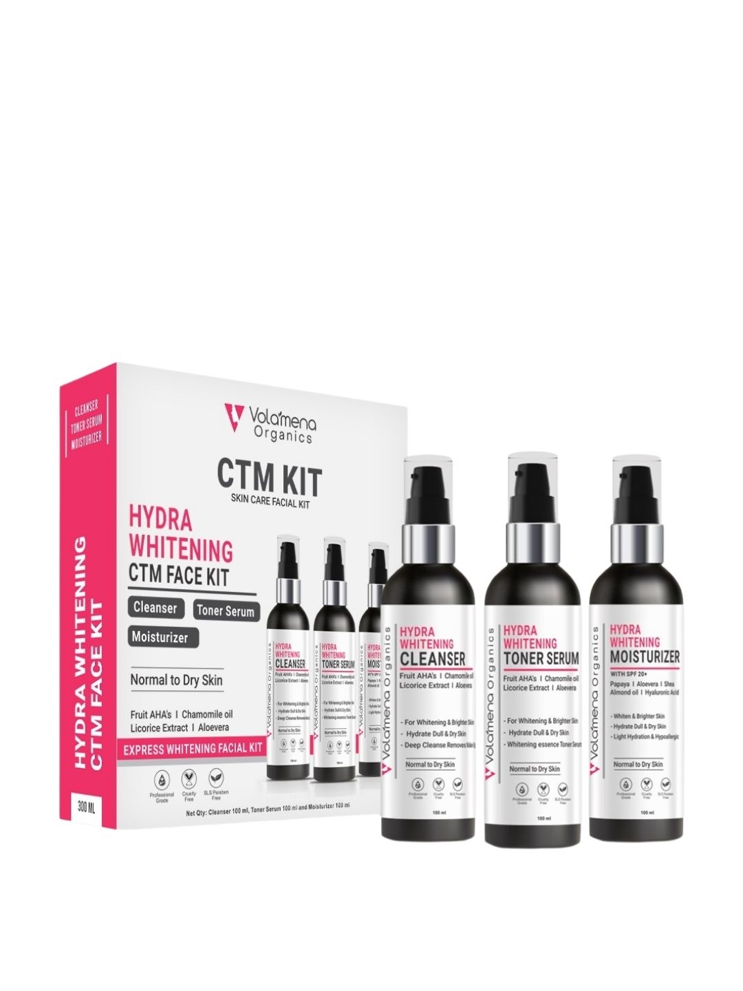 

Volamena Hydra Whitening CTM Facial kit- Cleanser 100ml- Moisturizer 100ml- Serum 100ml, Transparent