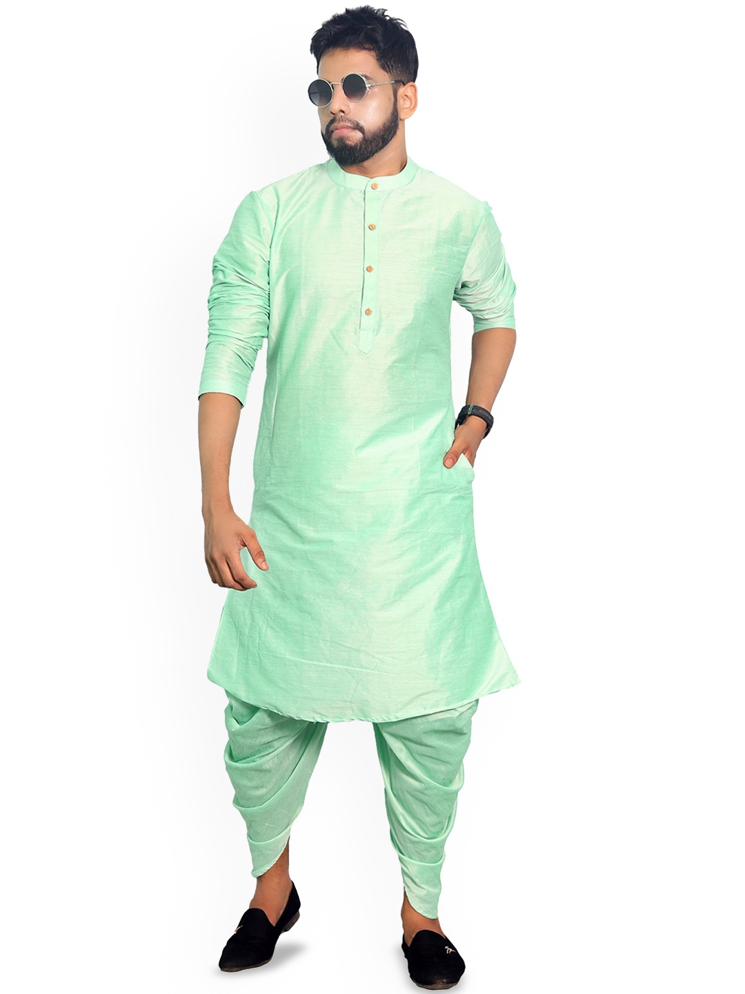 

House of Aqss Band Collar Straight Kurta, Green