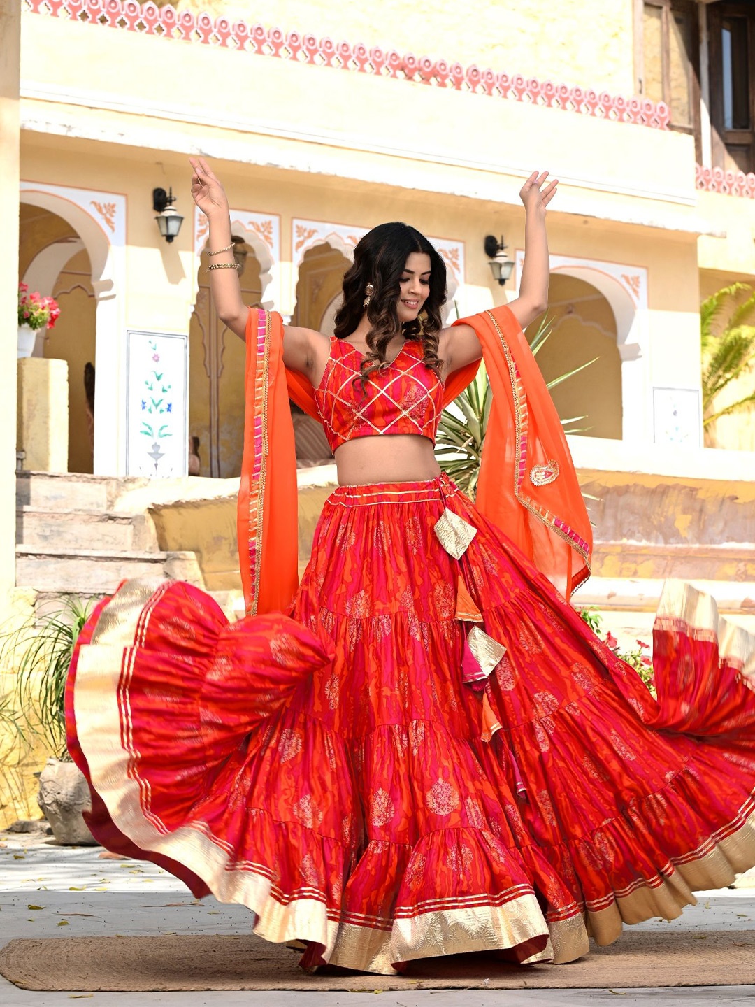 

Jaipur Folk Embellished Gotta Patti Ready to Wear Lehenga & Unstitched Blouse With Dupatta, Red