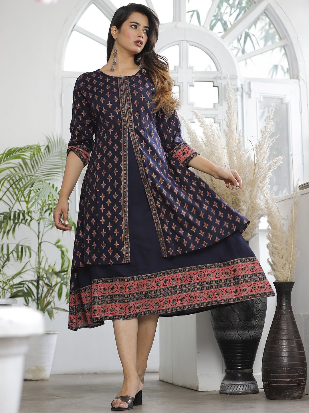 

MF Hayat Women Printed A-Line Midi Ethnic Dresses, Purple