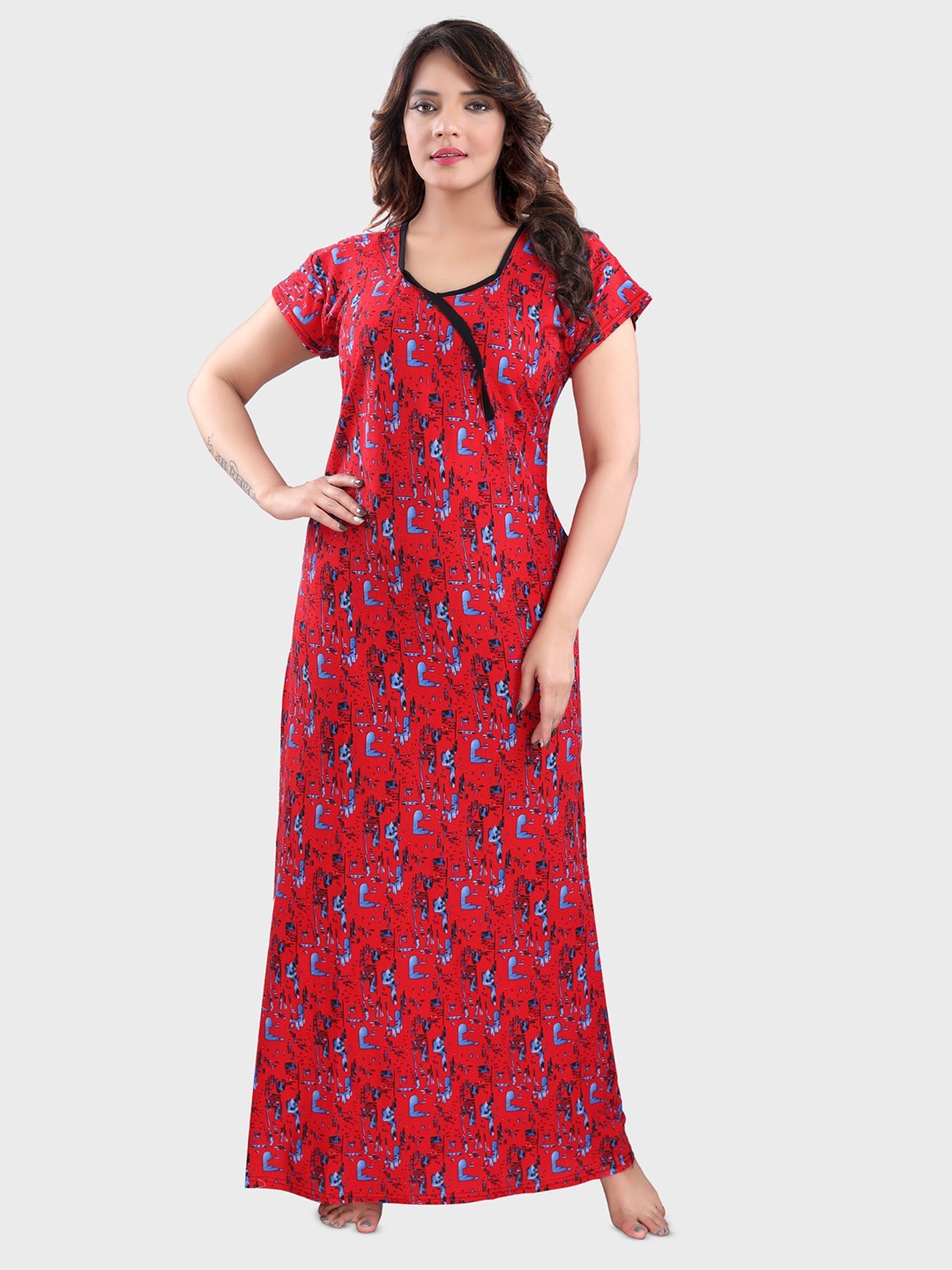 

Fabme Women's Printed Maxi Nightdress, Red