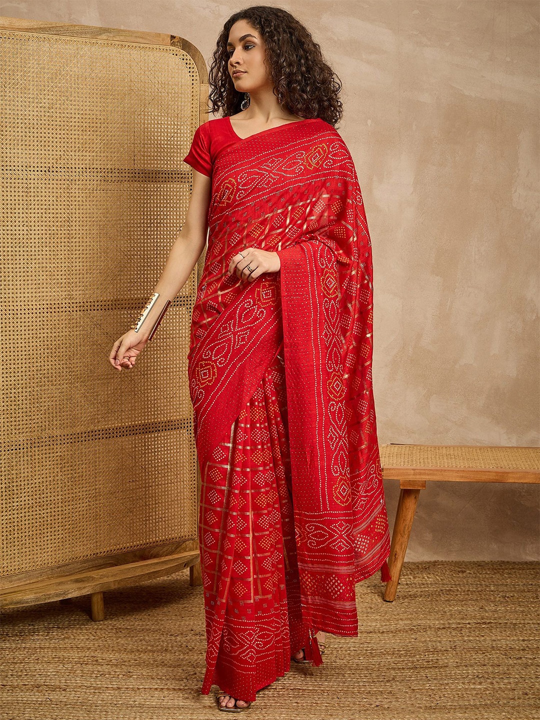 

all about you Bandhani Printed Beads and Stones Pure Silk Saree, Red