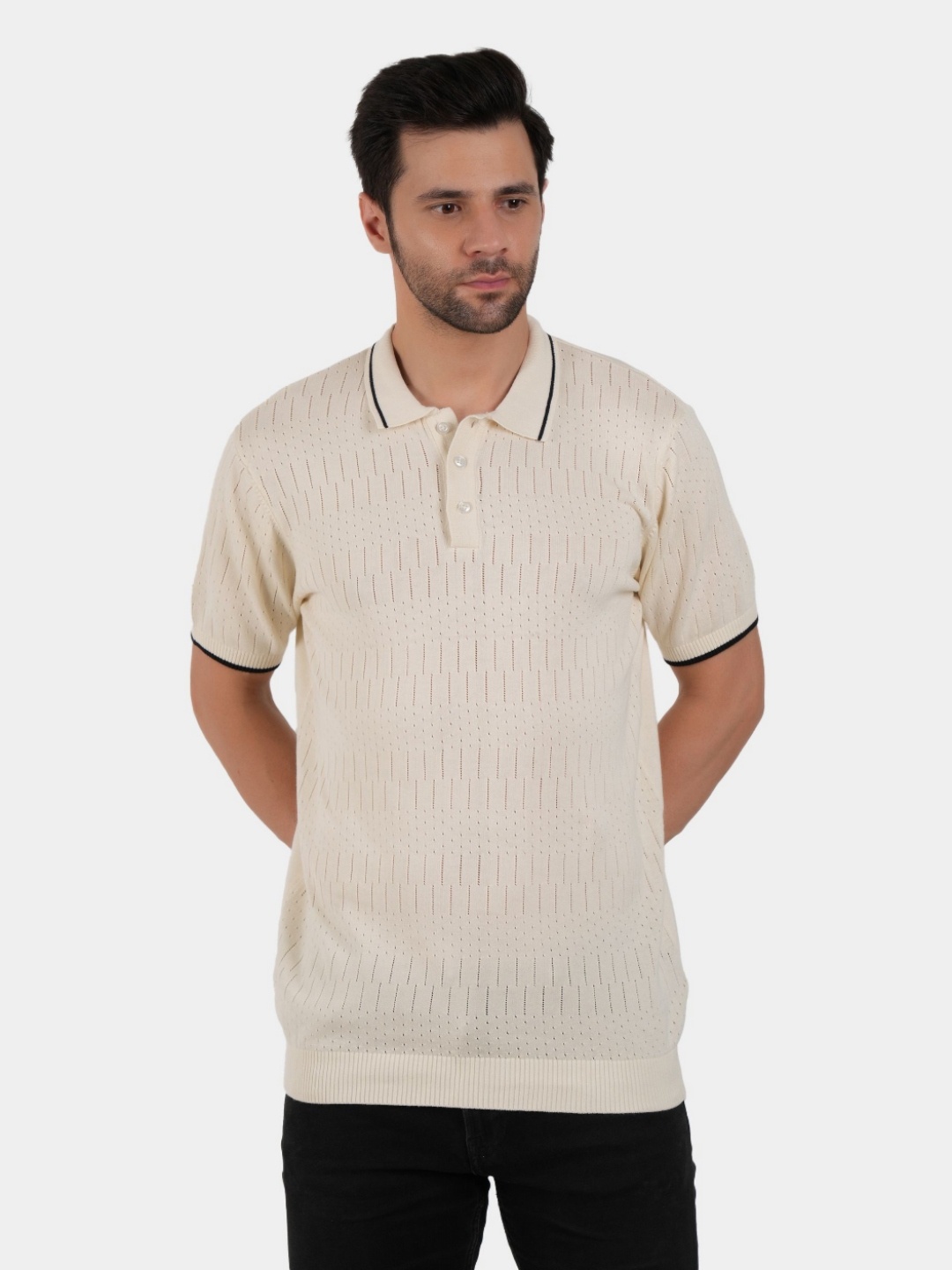 

BOTABOCHI Men Solid Polo Collar Cotton T-shirt, Off white