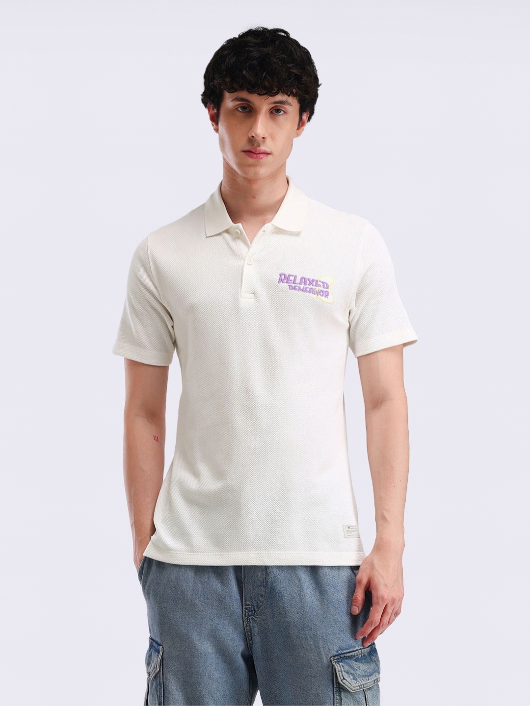 

Flying Machine Men Typography Printed Polo Collar Cotton Relaxed Fit T-shirt, White