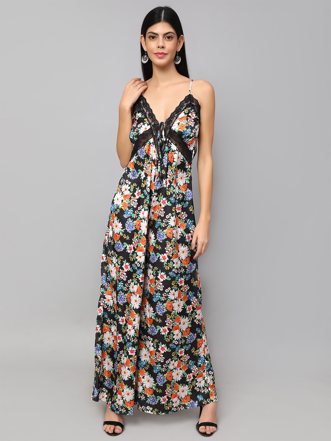 

Amagyaa Printed Basic Women Jumpsuit with Lace Inserts, Black
