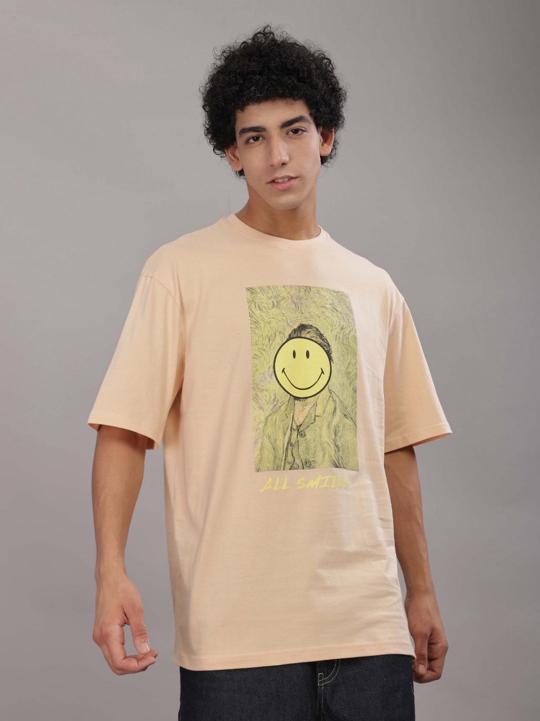 

TOMHIDDLE Men Typography Printed Round Neck Cotton Oversized T-shirt, Peach