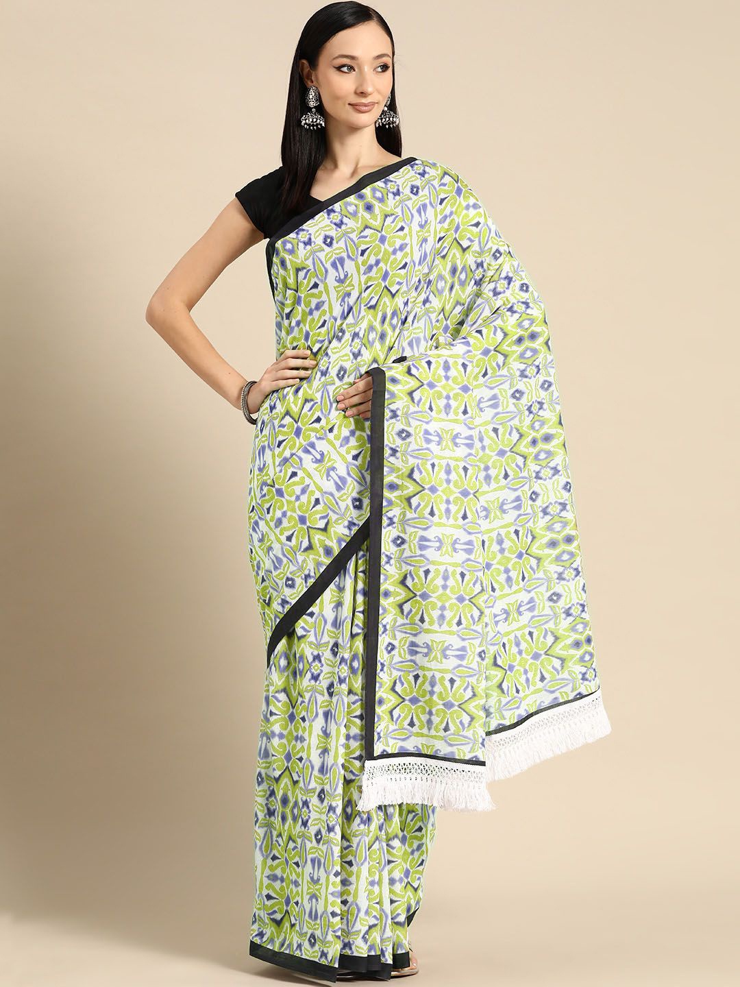 

BUTA BUTI Floral Printed Pure Cotton Saree, Olive
