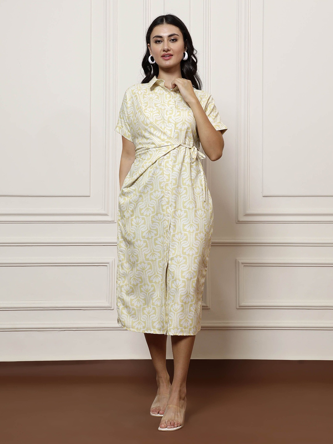 

Athena WomenFloral Print Linen Shirt Midi Dress, Yellow