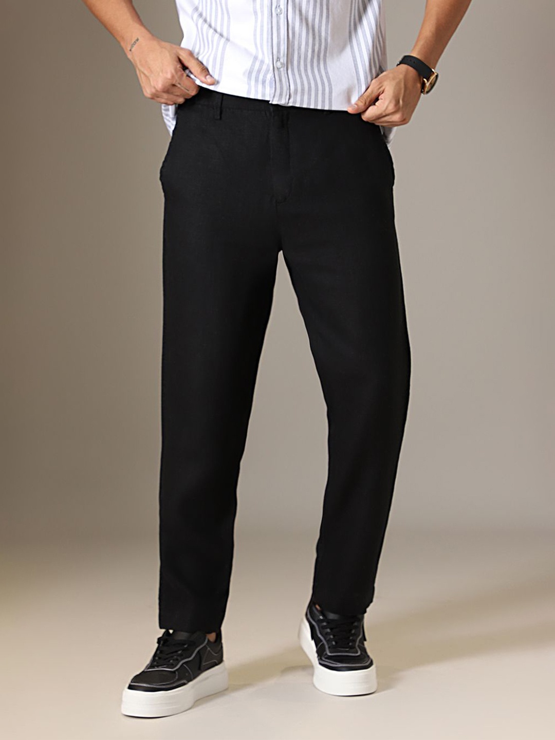 

Banana Club Men Relaxed Fit Linen Trousers, Black