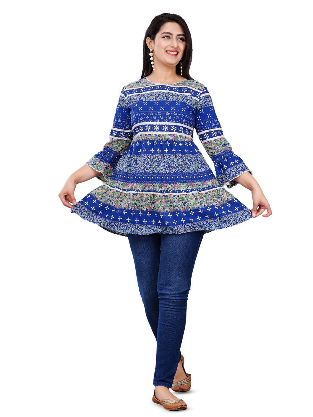 

Cloth Bites Women Cotton Ethnic Motifs Printed Bell Sleeve Empire Top, Blue