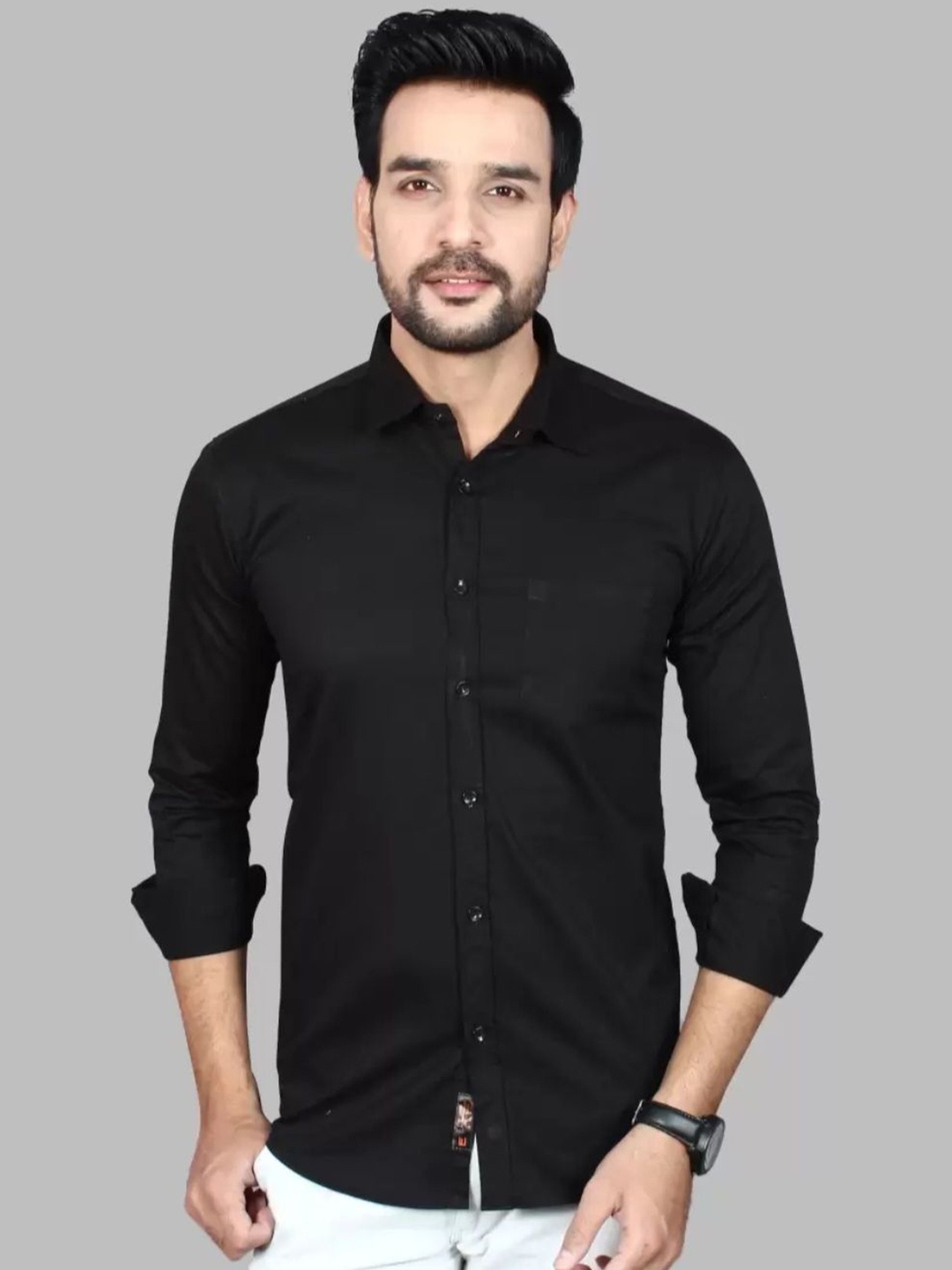 

Vcom Men Classic Spread Collar Solid Cotton Slim Fit Casual Shirt, Black