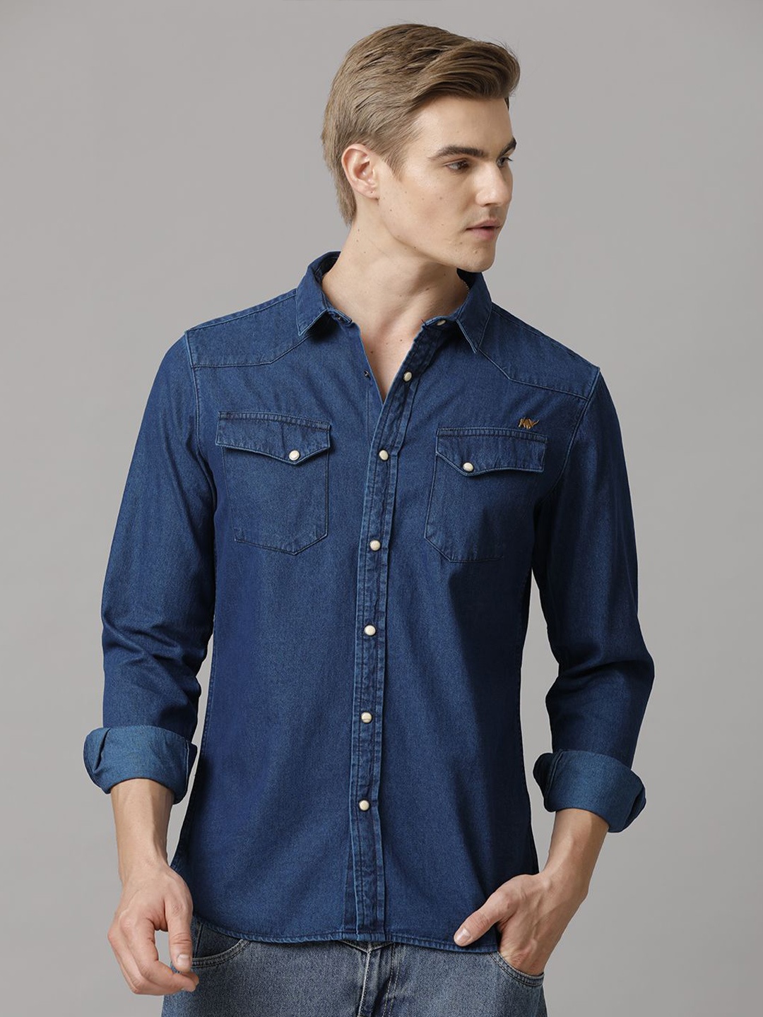 

TEMPLE OF DENIM Men India Slim Spread Collar Solid Denim Casual Shirt, Navy blue