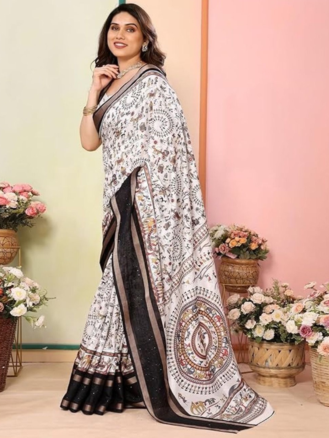 

SANJANA SILK Ethnic Motifs Zari Maheshwari Saree, White