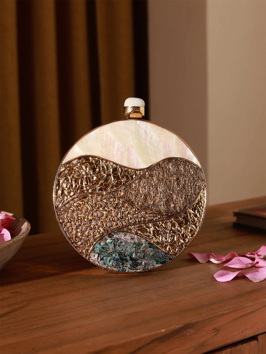 

THE TAN CLAN Crescent Embellished Mother of Pearl Box Clutch, Gold