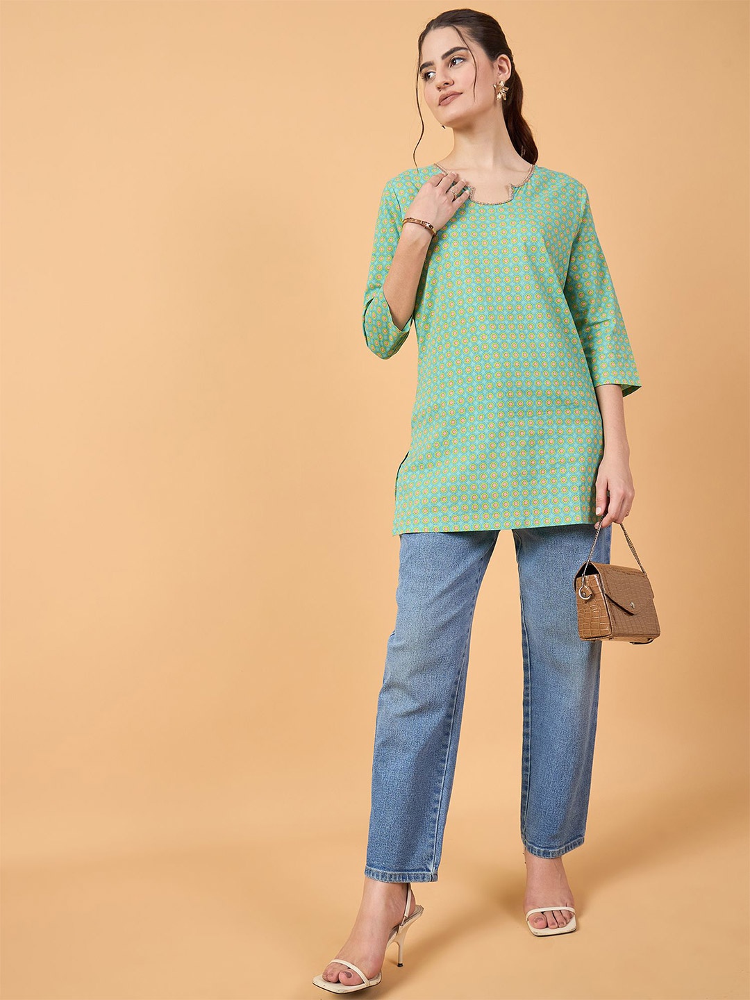 

NEESH Women Conversational Printed Round Neck Cotton Top, Green