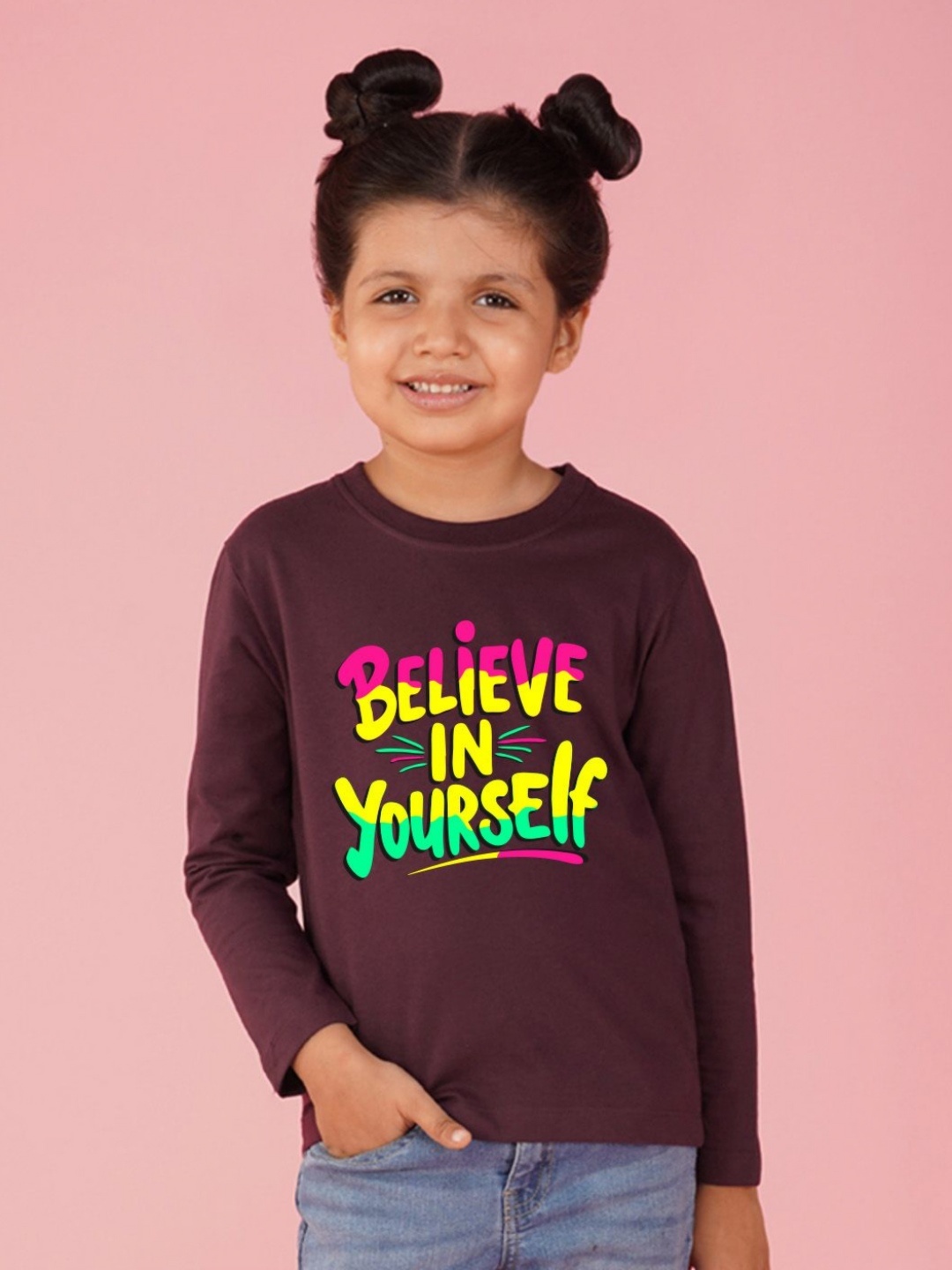

NUSYL Girls Typography Printed Round Neck Cotton T-shirt, Maroon